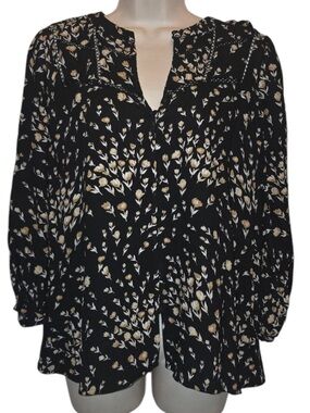 White House Black Market Floral Smocked Blouse Black Tan Boho Med